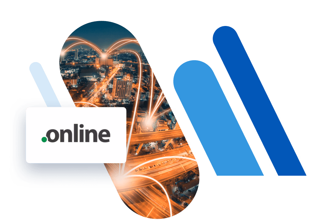 Logo de l'extension de domaine .online avec une image représentant un réseau routier de nuit en arrière-plan